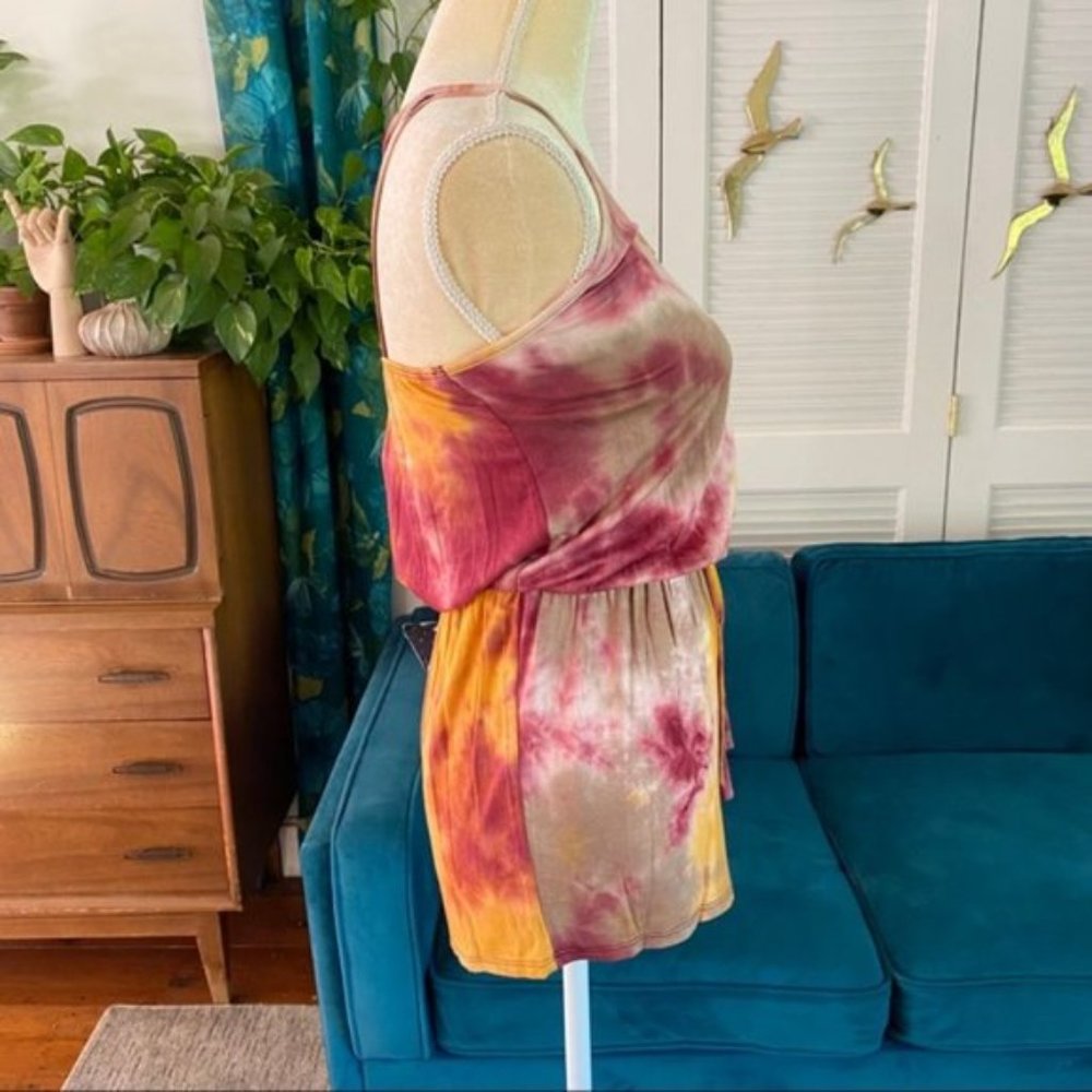 CY Fashion | Tie Dye Strappy Spaghetti Strap Romper Mustard Burgundy Soft Small - Picture 6 of 12